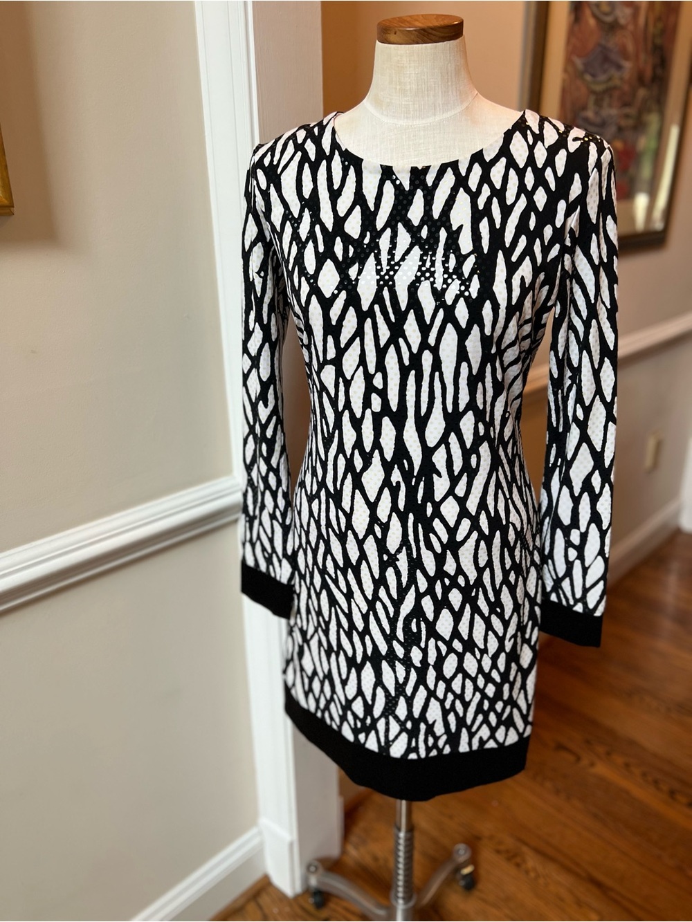 Cache Black and White Sequin Patterned Dress